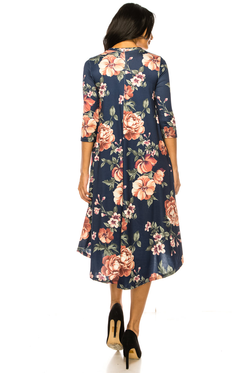 A-Line Swing Trapeze Midi Dress Floral