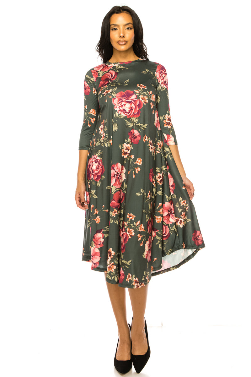 A-Line Swing Trapeze Midi Dress Floral