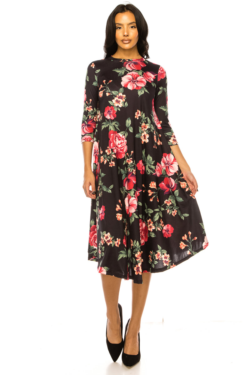 A-Line Swing Trapeze Midi Dress Floral