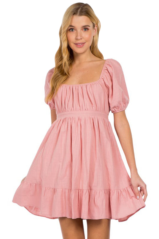 Skater Dress with Open Bow Back and Puff Sleeve
