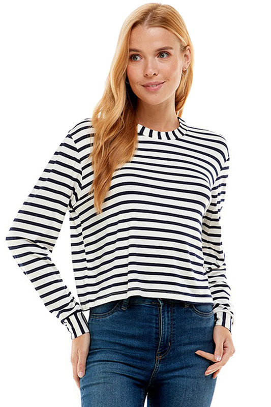 Crew Neck Long Sleeves Stripe Top