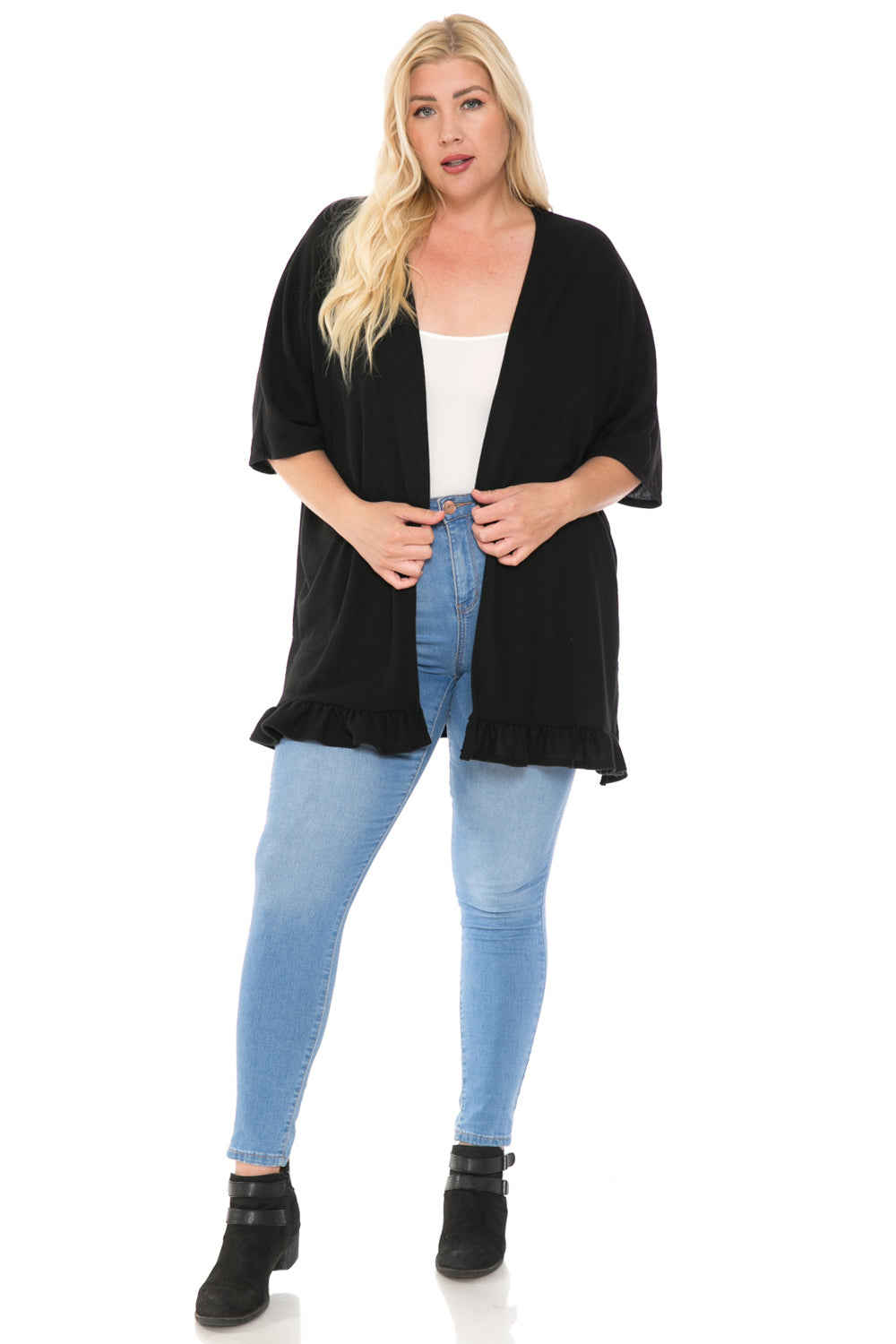 Open Front Cardigan with Ruffle Detail Plus