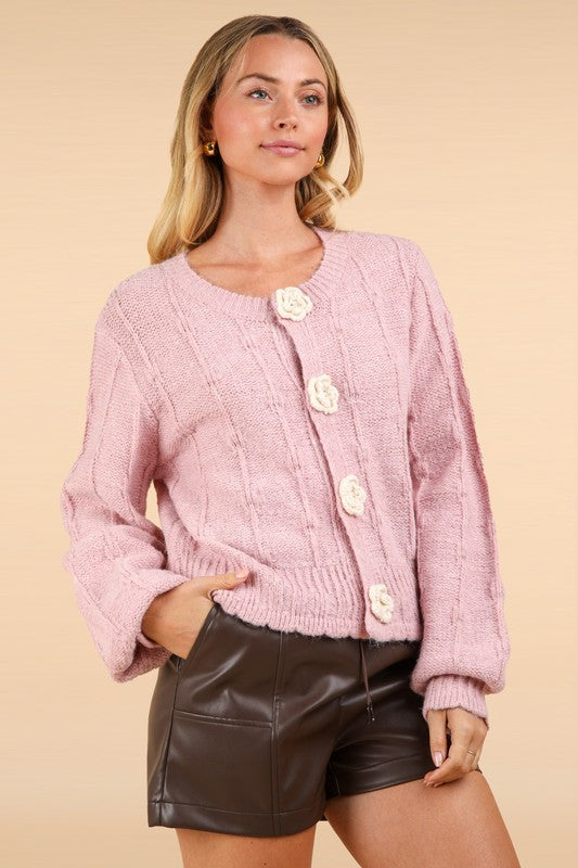 Floral Button Crop Length Knit Sweater Cardigan