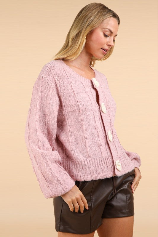Floral Button Crop Length Knit Sweater Cardigan