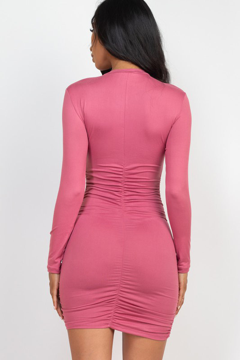 Ruched Crew Neck Long Sleeve Sexy Mini Bodycon Dress