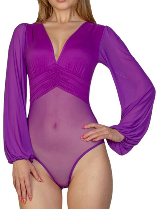 Mesh Ballon Long Sleeve Deep V-Neck Bodysuit Sexy Clubwear