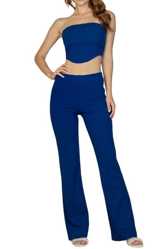 Sexy Strapless Bandeau Corset Top and Flare Pants Two Piece Set