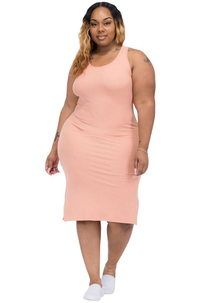Sleeveless Ribbed Tank Midi Dress Plus Size Pink / X-Large Sleeveless Ribbed Tank Midi Dress Plus Size Pink / X-Large