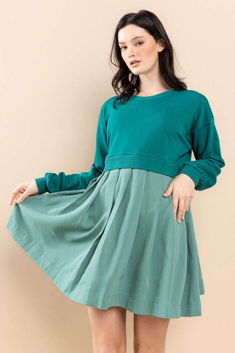 Contrast French Terry Pleated Mini Dress