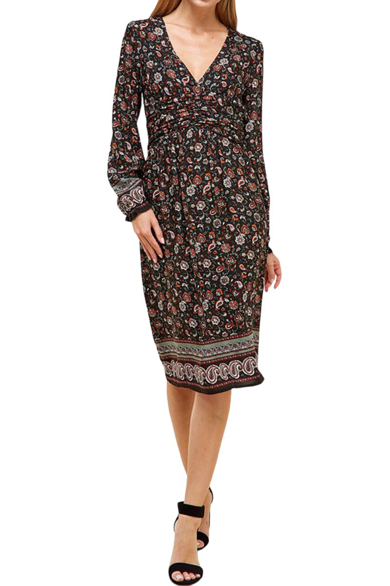 Bohemian Printed Midi Dress with Shirring Detail