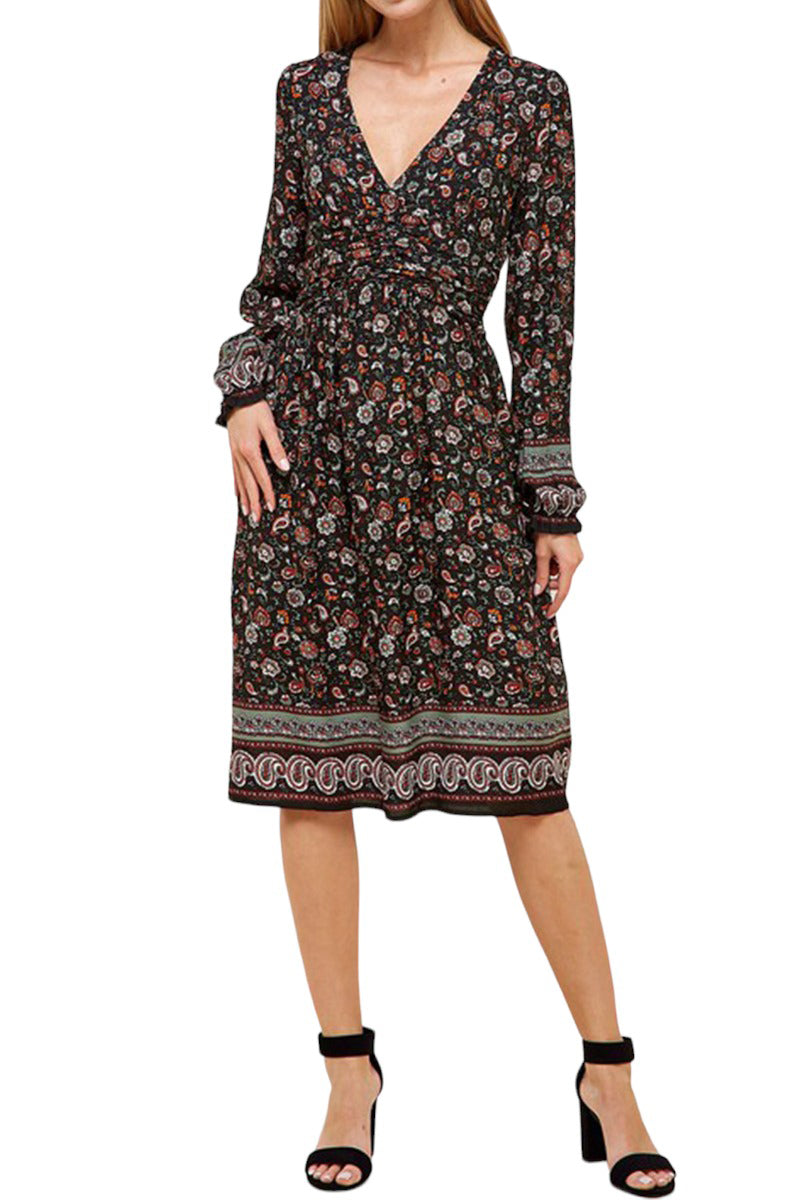 Bohemian Printed Midi Dress with Shirring Detail