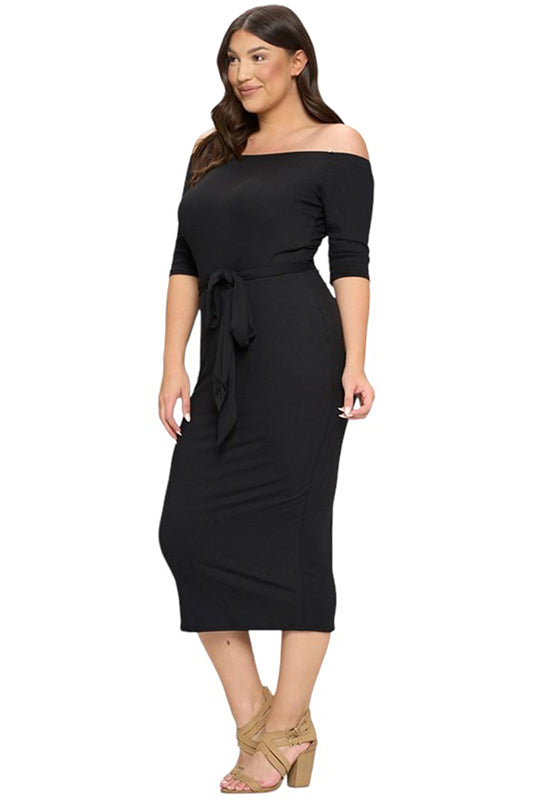 Off-Shoulder Dress with Self Tie Plus Size The Apparel Bar Off-Shoulder Dress with Self Tie Plus Size The Apparel Bar
