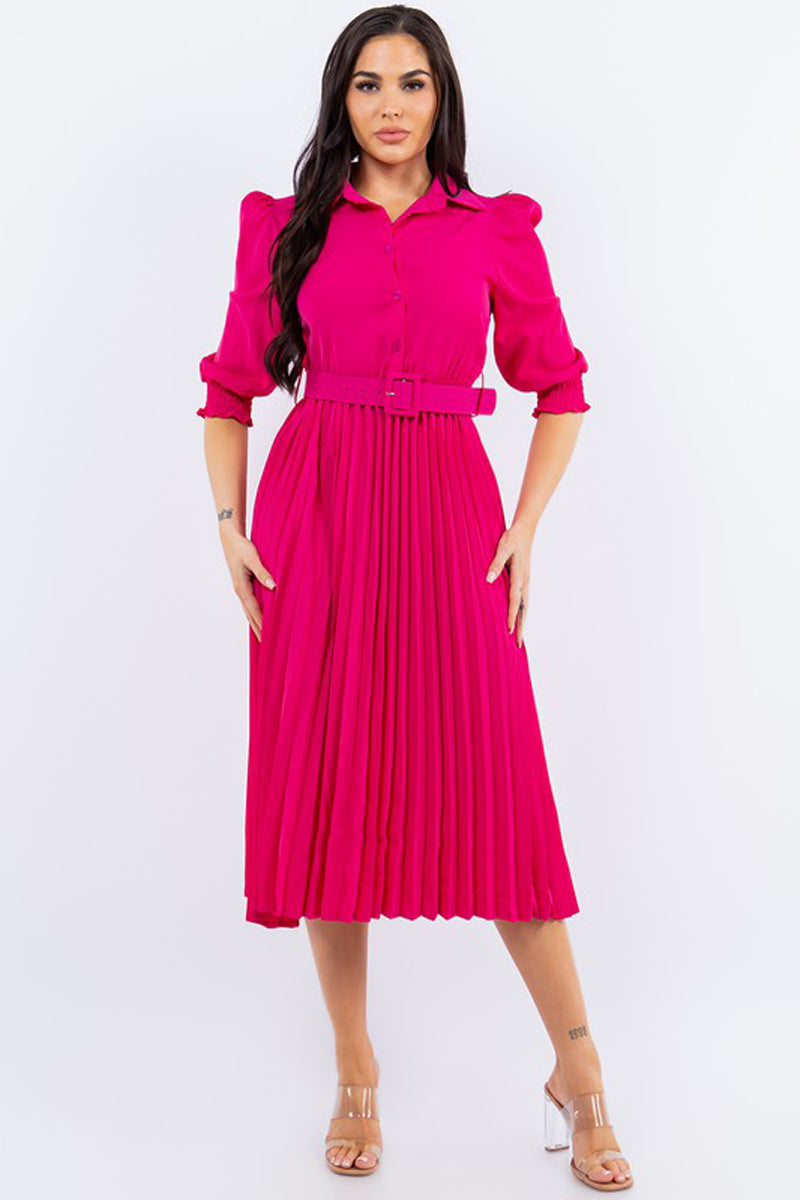 Shirt Dress with Pleated Midi Skirt Three-Quarter Sleeve Belt