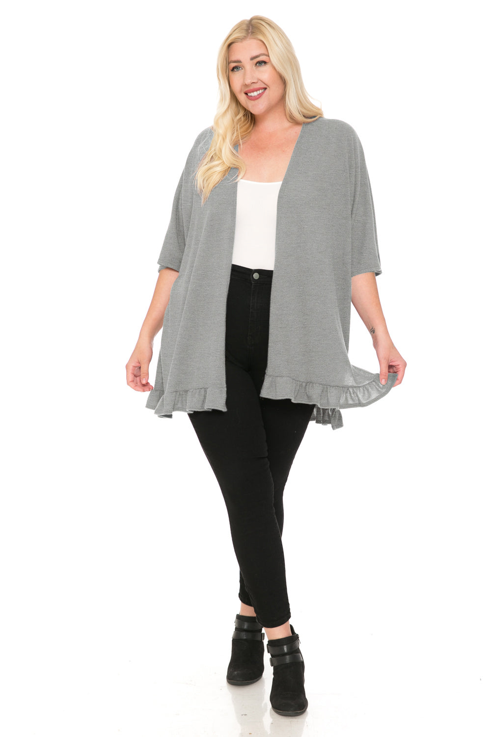 Open Front Cardigan with Ruffle Detail Plus