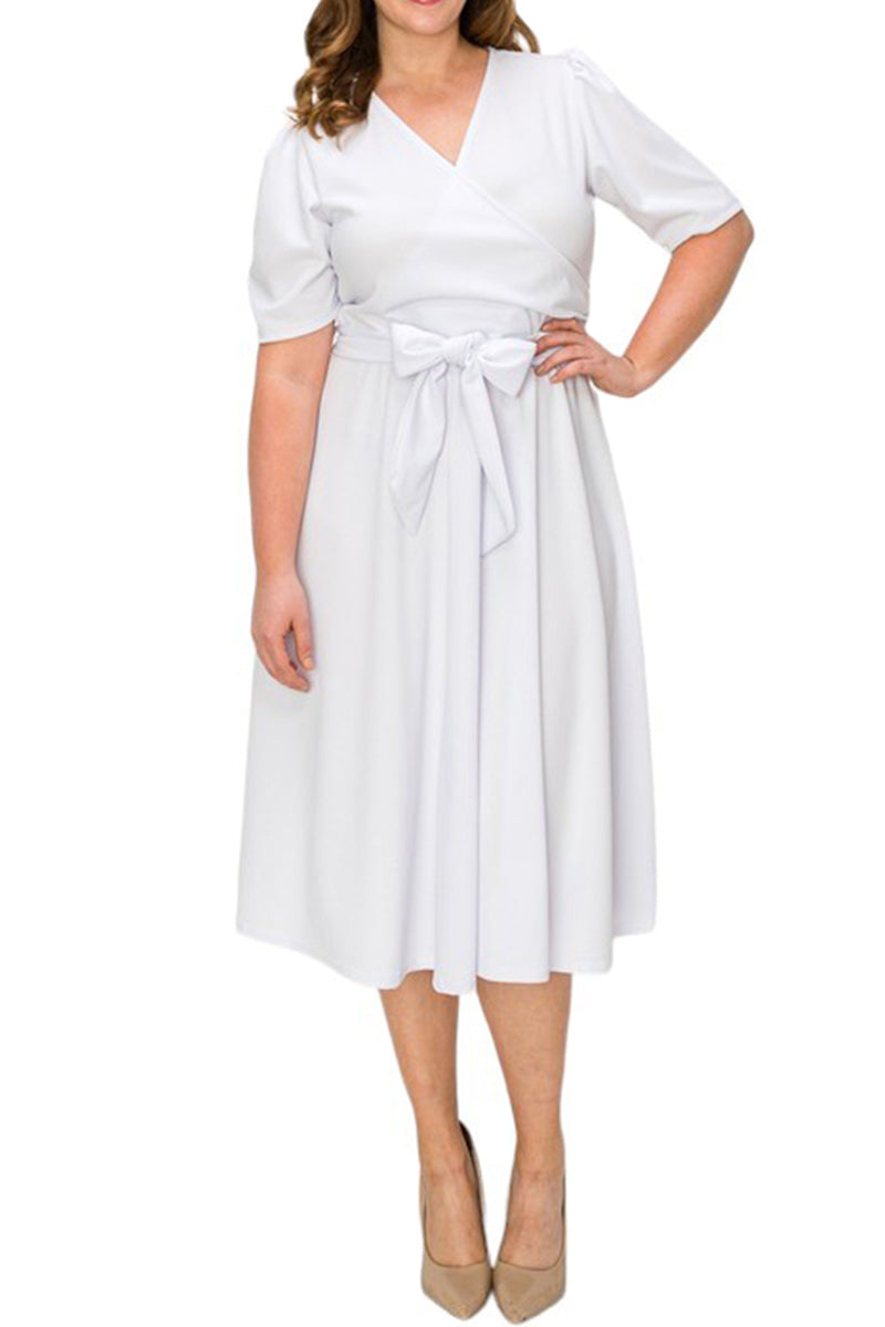 Wrap Midi Dress with Puff Shoulder Plus Size