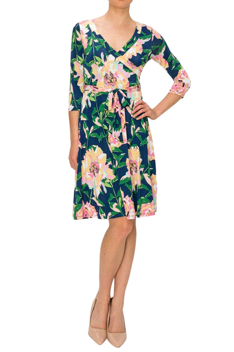 Three-Quarter Sleeve Wrap Dress with Tie