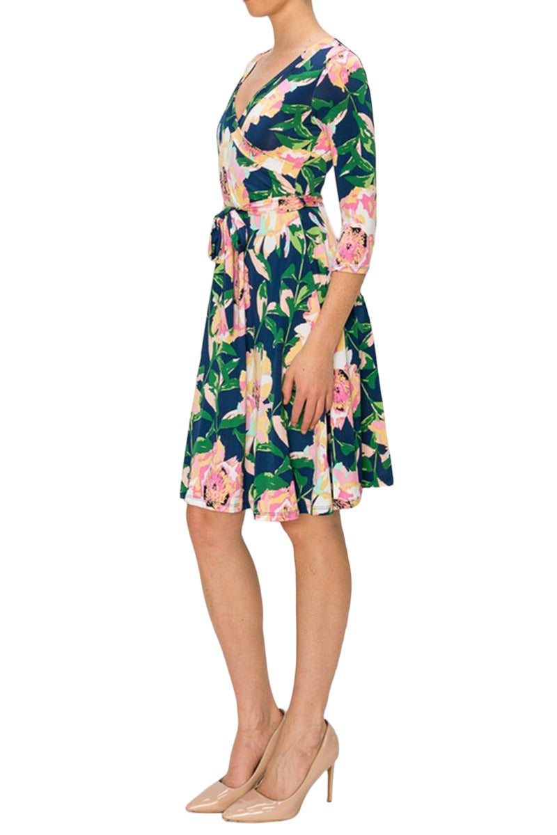 Three-Quarter Sleeve Wrap Dress with Tie