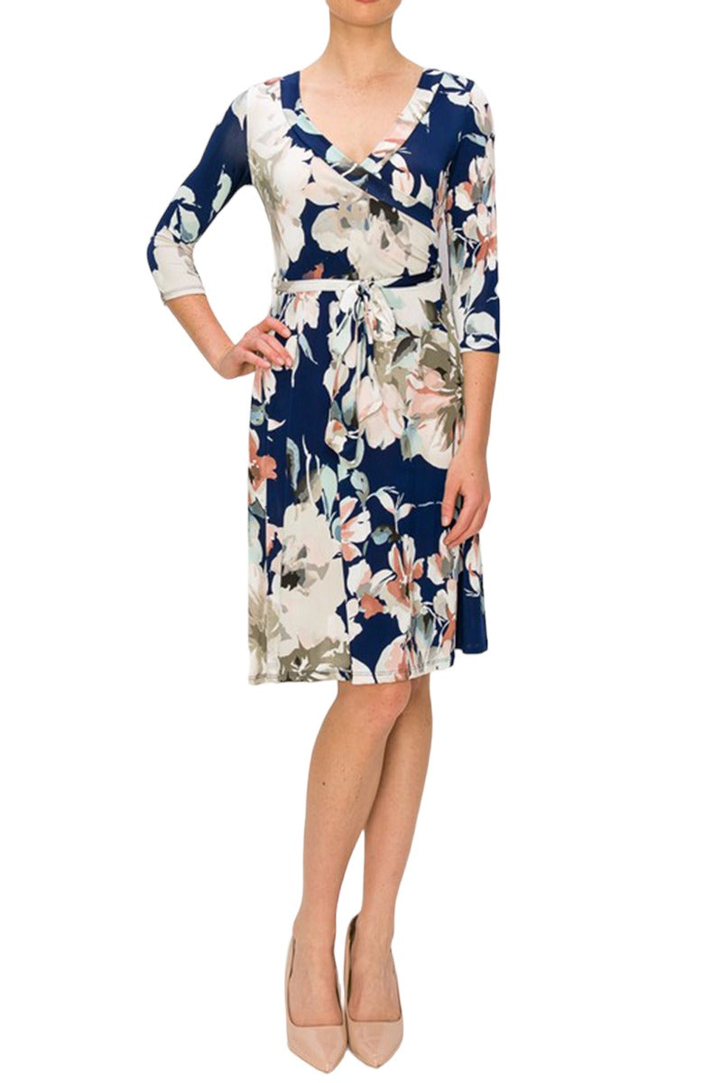 Three-Quarter Sleeve Wrap Dress with Tie