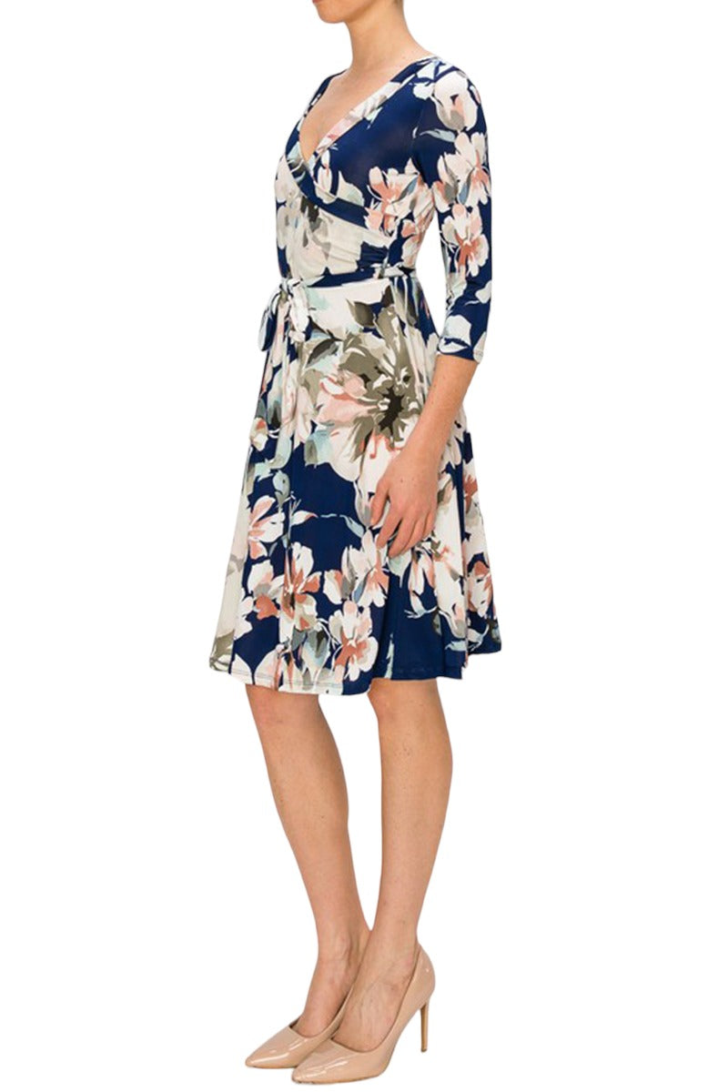 Three-Quarter Sleeve Wrap Dress with Tie