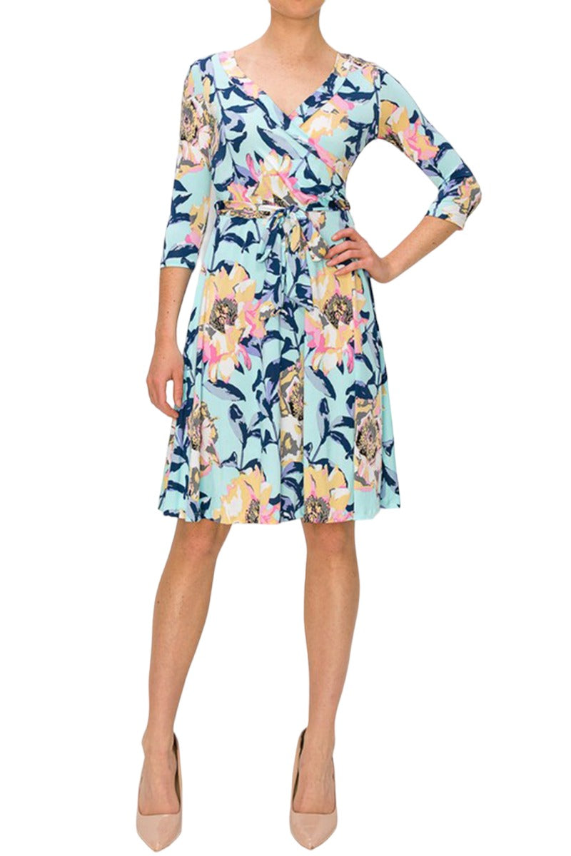 Three-Quarter Sleeve Wrap Dress with Tie