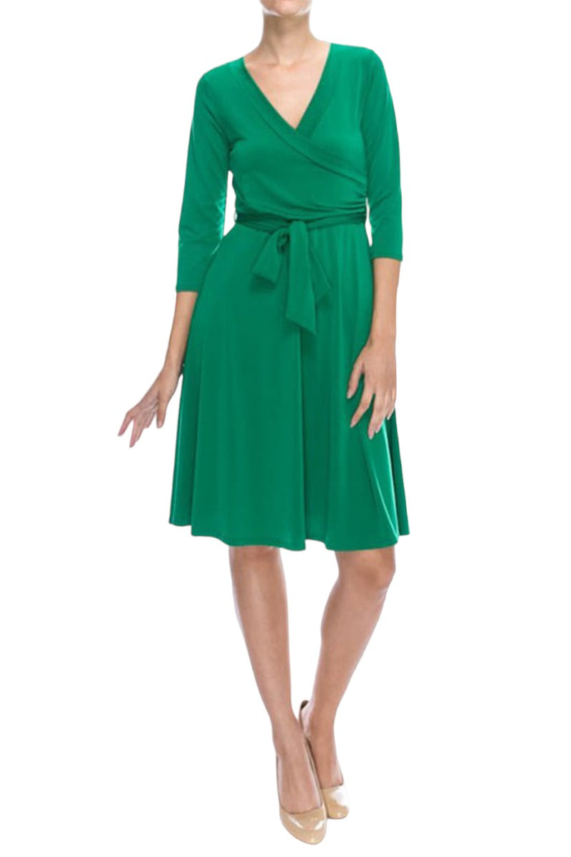 Three-Quarter Sleeve Wrap Dress with Tie