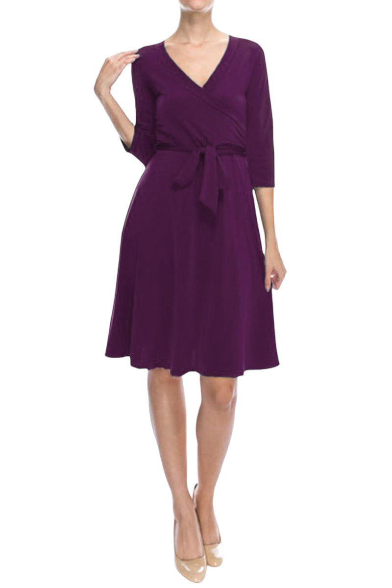 Three-Quarter Sleeve Wrap Dress with Tie