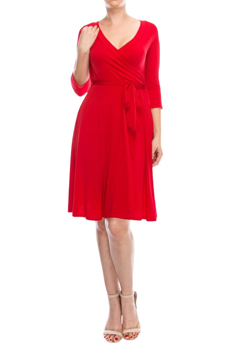 Three-Quarter Sleeve Wrap Dress with Tie