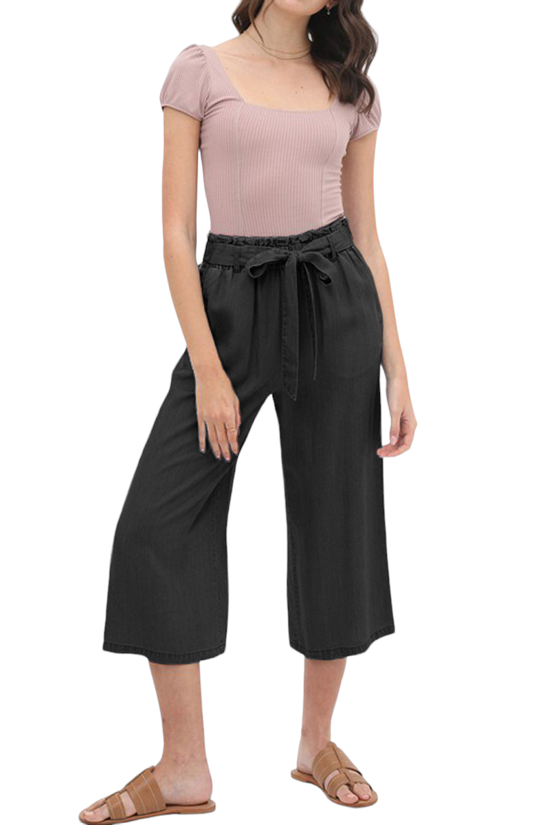 Casual High Rise Elastic Waist Paperbag Pants with Tie Pockets Wide Leg