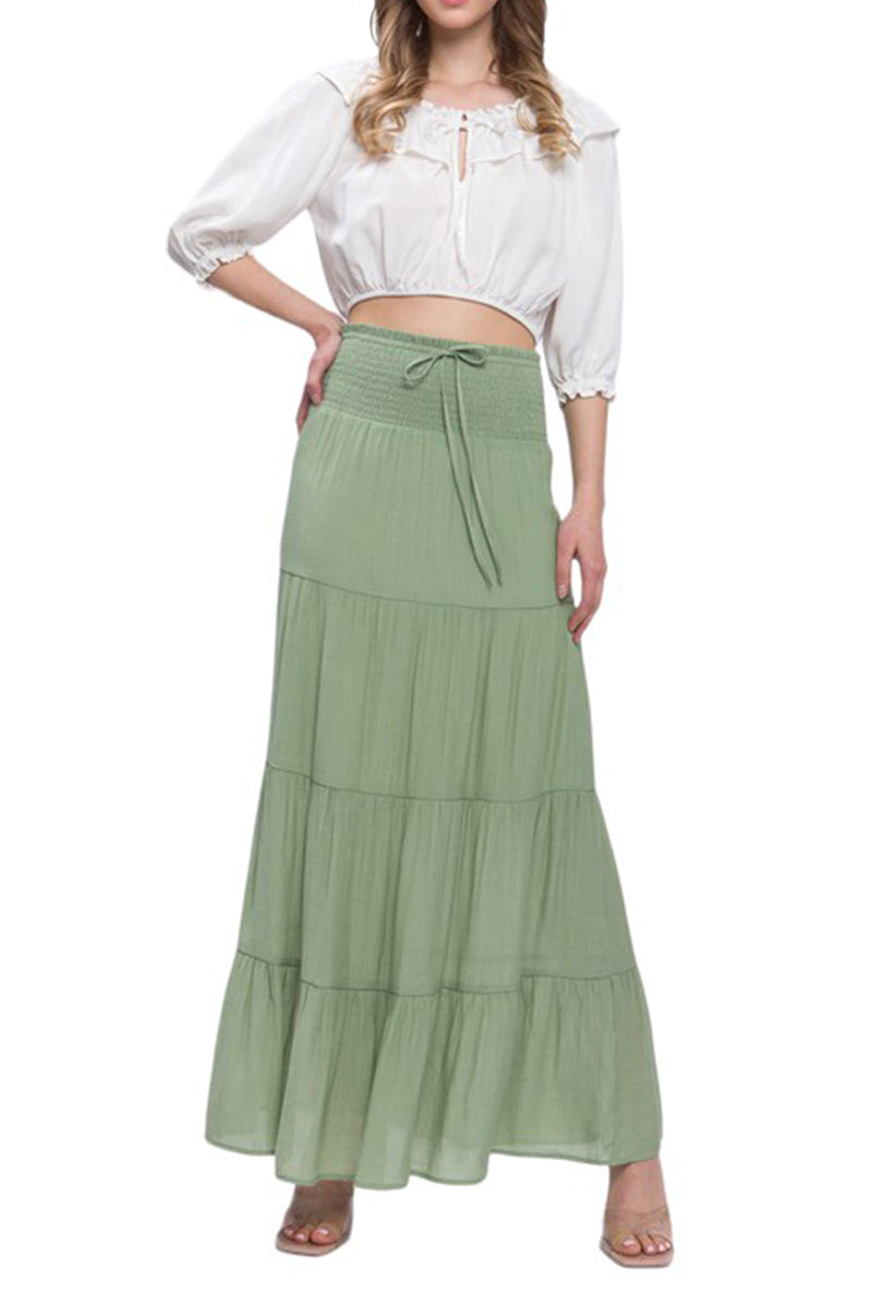 Tiered Ruffle Elastic Hight Waist Boho Maxi Skirt A-Line Midi Dress