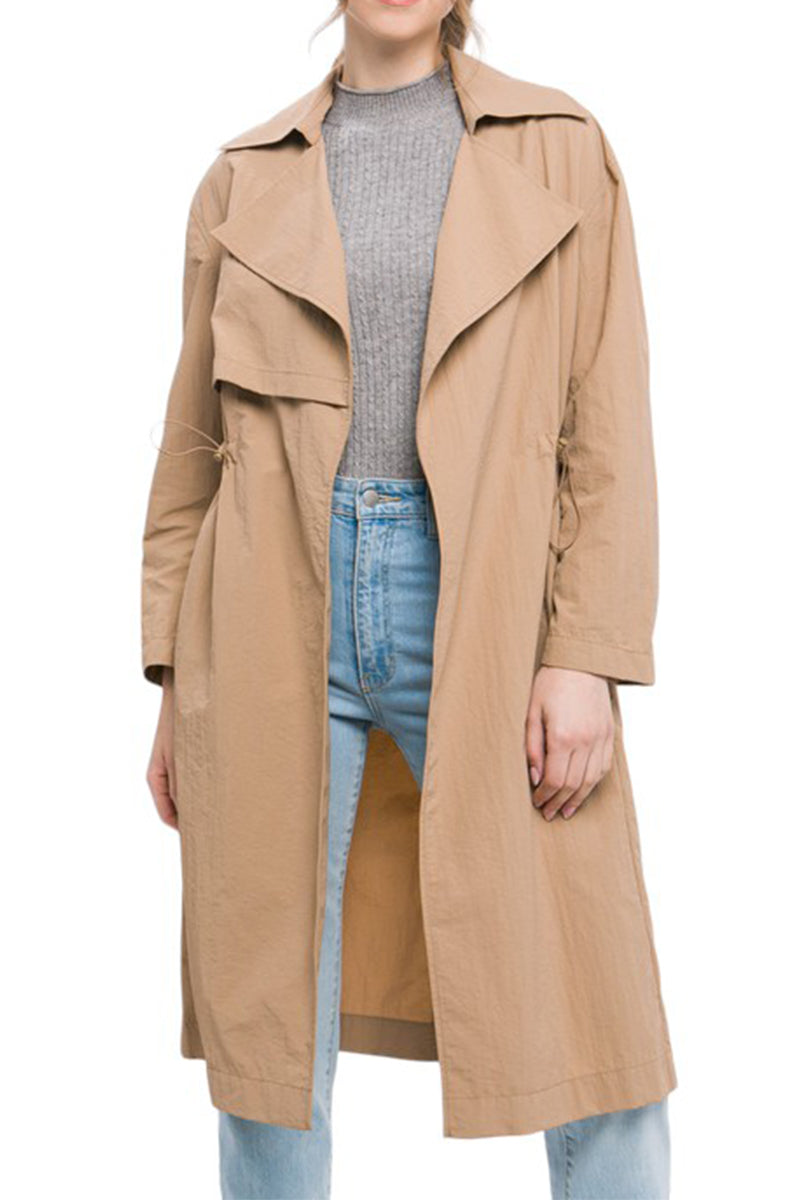 Lightweight Windbreaker Long Trench Coat Jacket with Toggle Detail Lapel