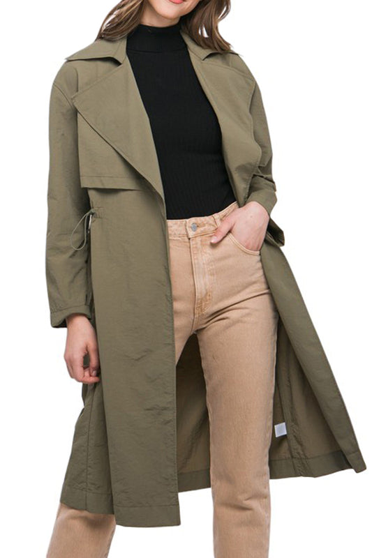 Lightweight Windbreaker Long Trench Coat Jacket with Toggle Detail Lapel