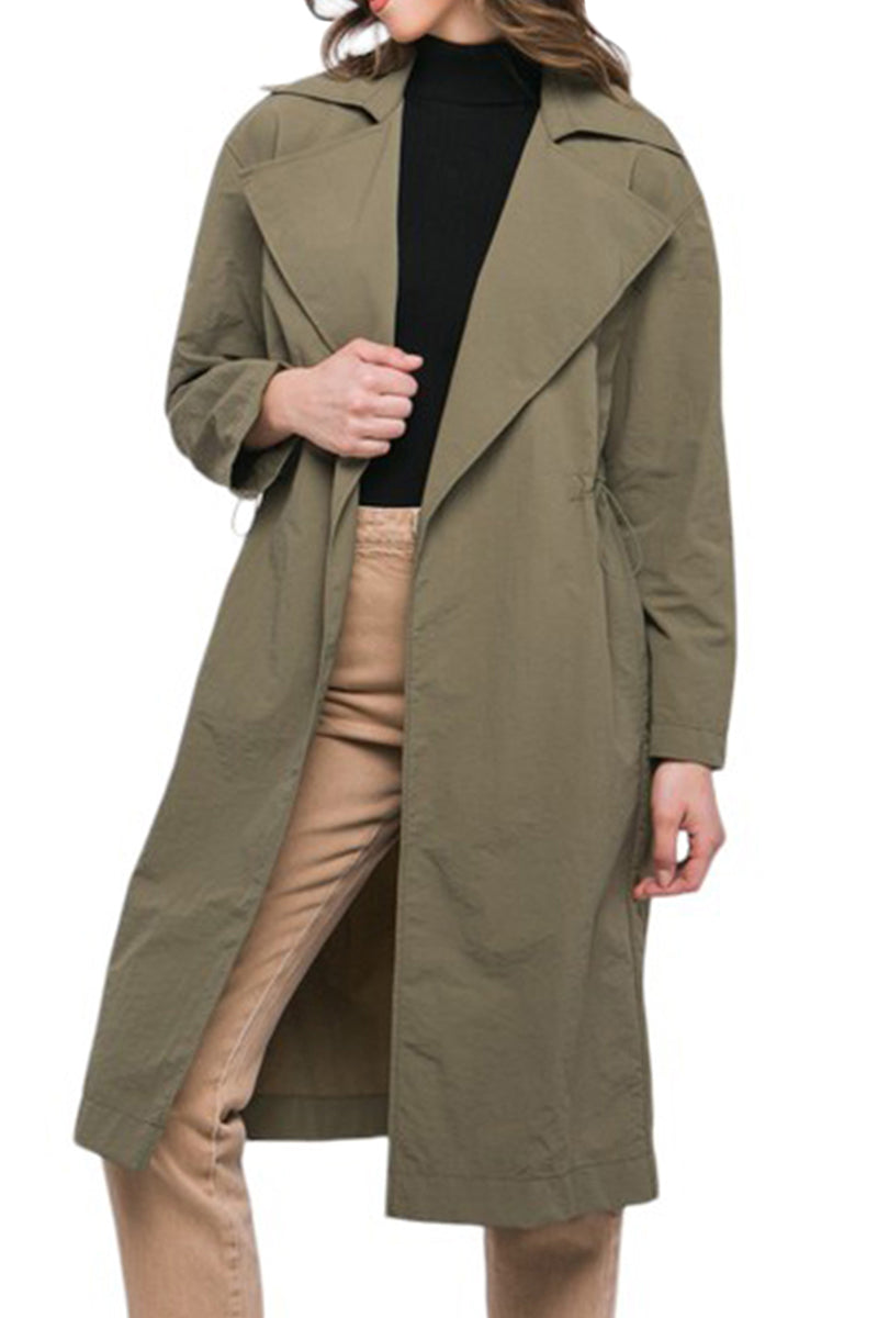 Lightweight Windbreaker Long Trench Coat Jacket with Toggle Detail Lapel
