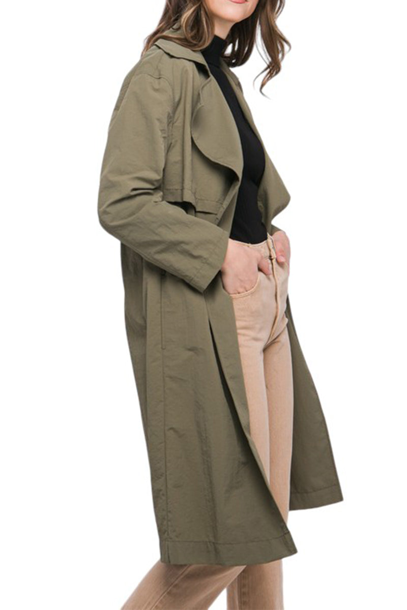 Lightweight Windbreaker Long Trench Coat Jacket with Toggle Detail Lapel
