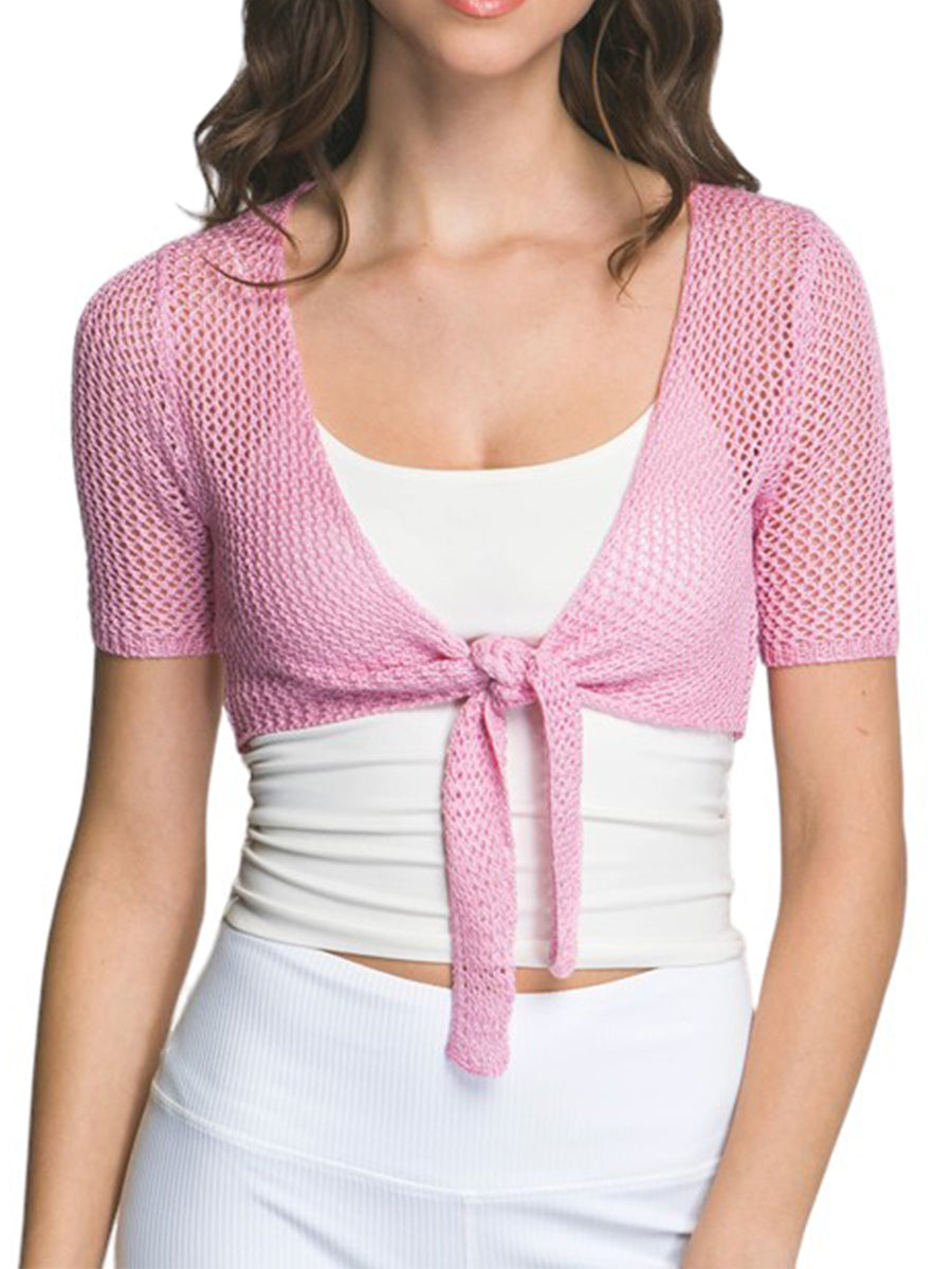 Short Sleeve Hollow Out Crochet Cropped Open Cardigan with Tie
