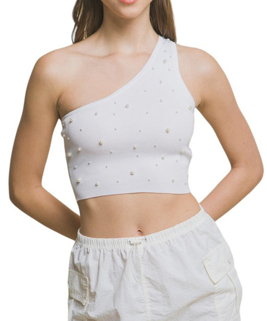 Sleeveless One Shoulder with Pearl Detail Crop Top