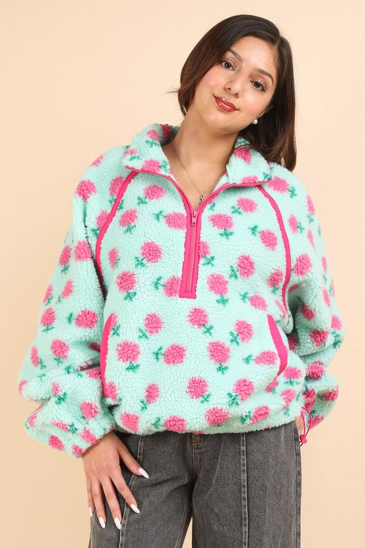 Printed Fleece Henley Zip Up Top with Pockets
