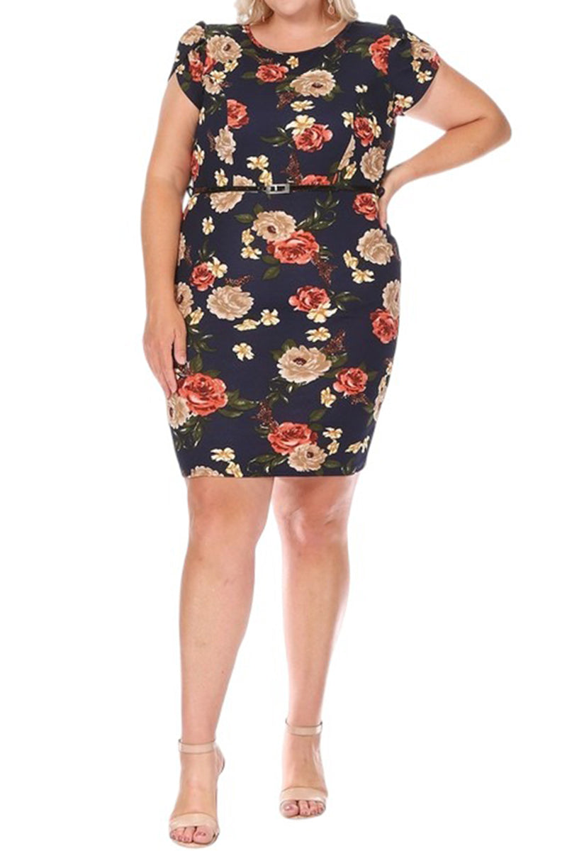 Solid Sheath Dress with Belt Plus Size