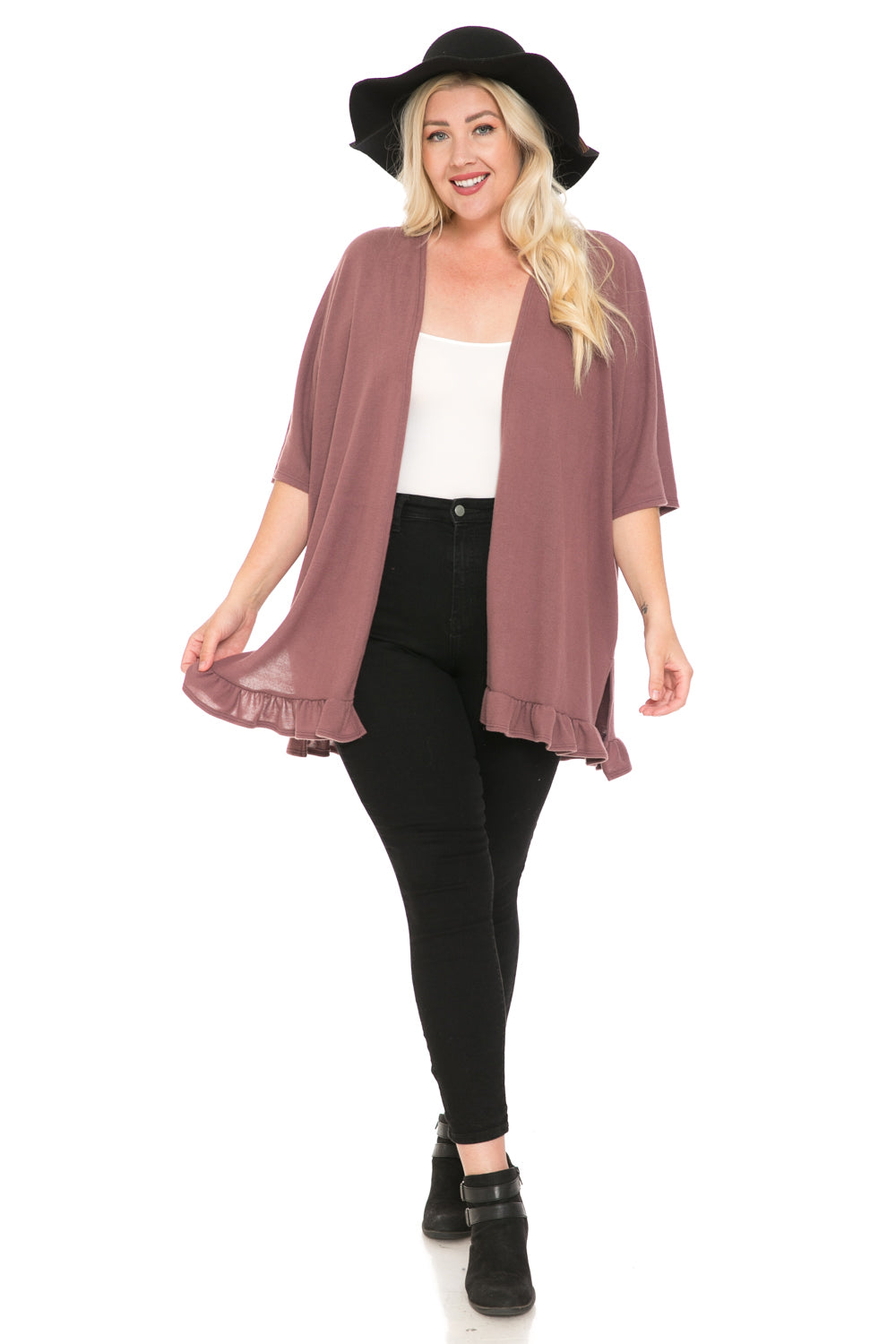 Open Front Cardigan with Ruffle Detail Plus