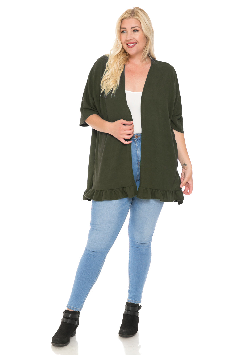 Open Front Cardigan with Ruffle Detail Plus