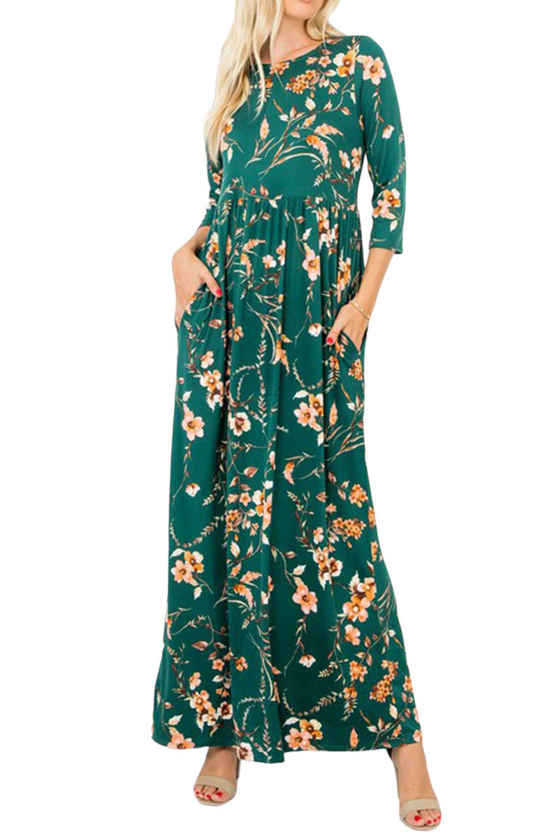Three-Quarter Sleeve Floral Maxi Dress with Pockets