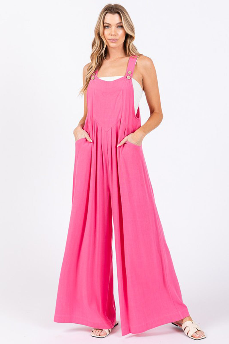Wide Leg Washed Linen Overall Jumpsuit