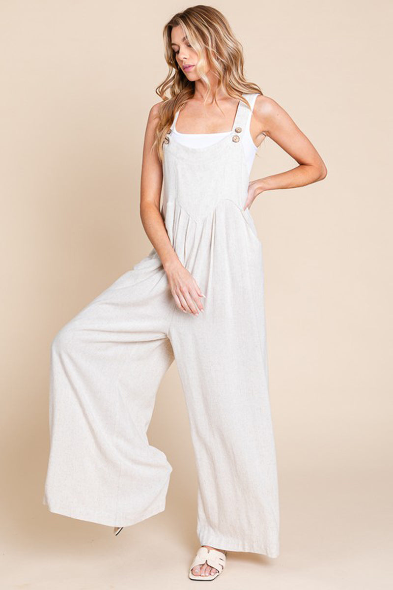 Wide Leg Washed Linen Overall Jumpsuit
