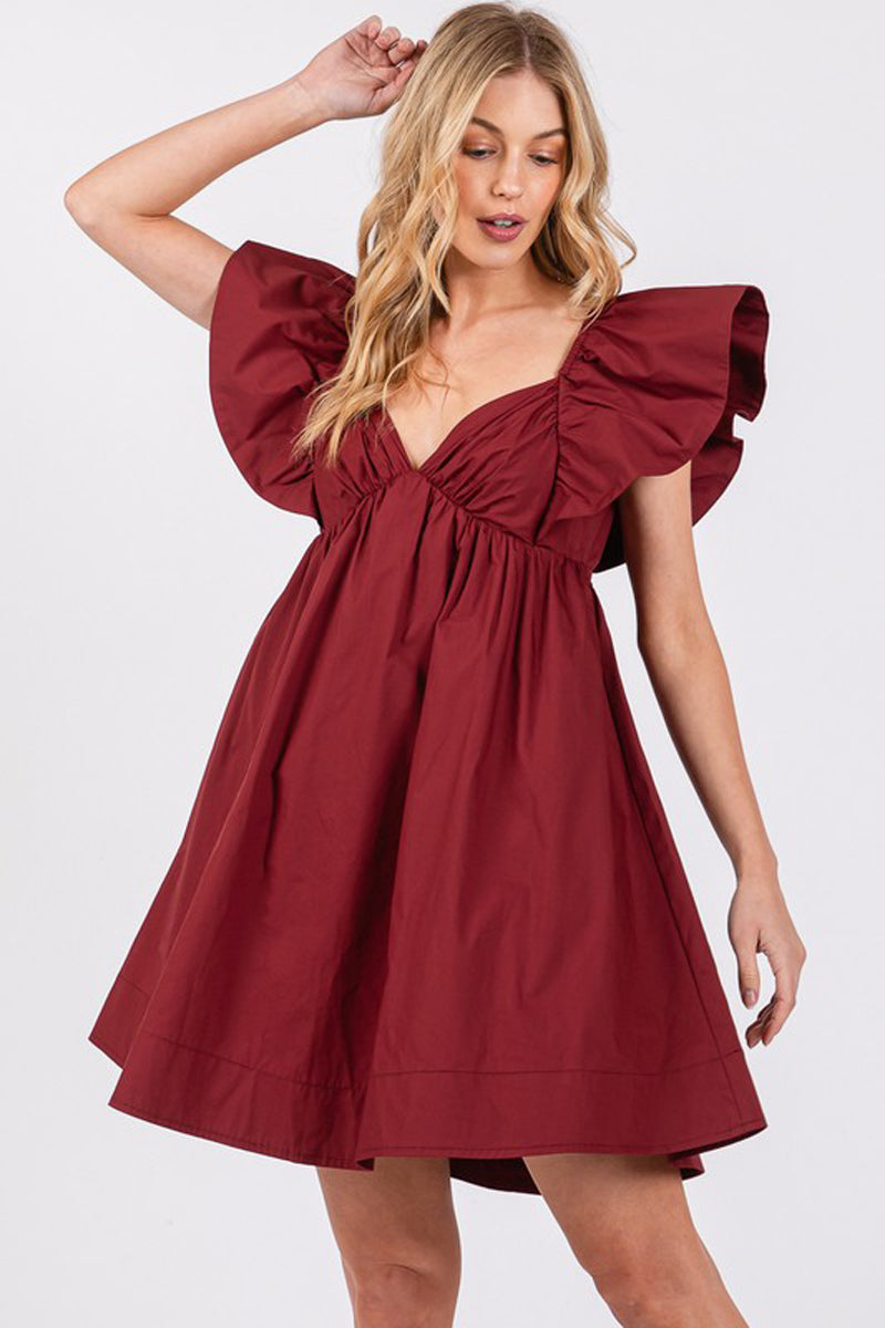 Poplin Ruffle Sleeve Tie Back Dress Burgundy / Large Poplin Ruffle Sleeve Tie Back Dress Burgundy / Large