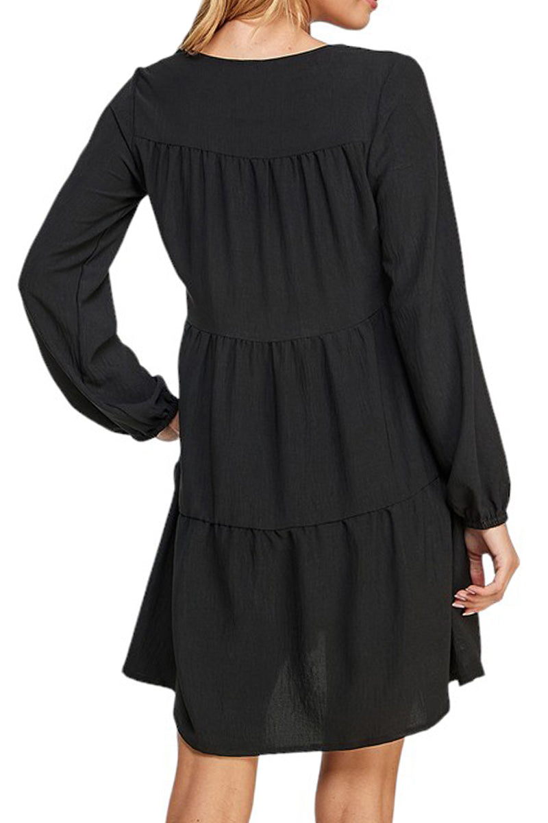 Mini Short Flowy V-Neck Long Sleeve Loose Casual Tiered Swing Tunic Dress