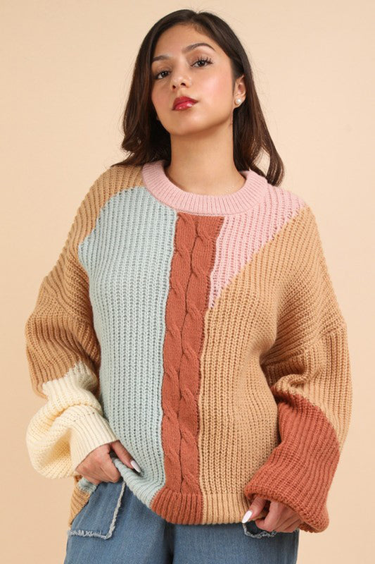 Oversized Color Block Soft Cozy Knit Sweater Top