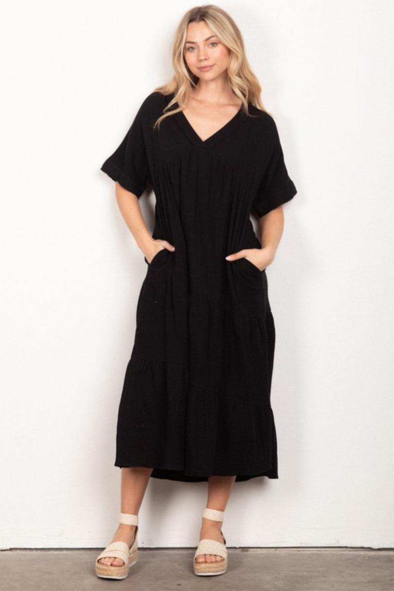 Frayed Detail Soft Crinkle Gauze Midi Dress