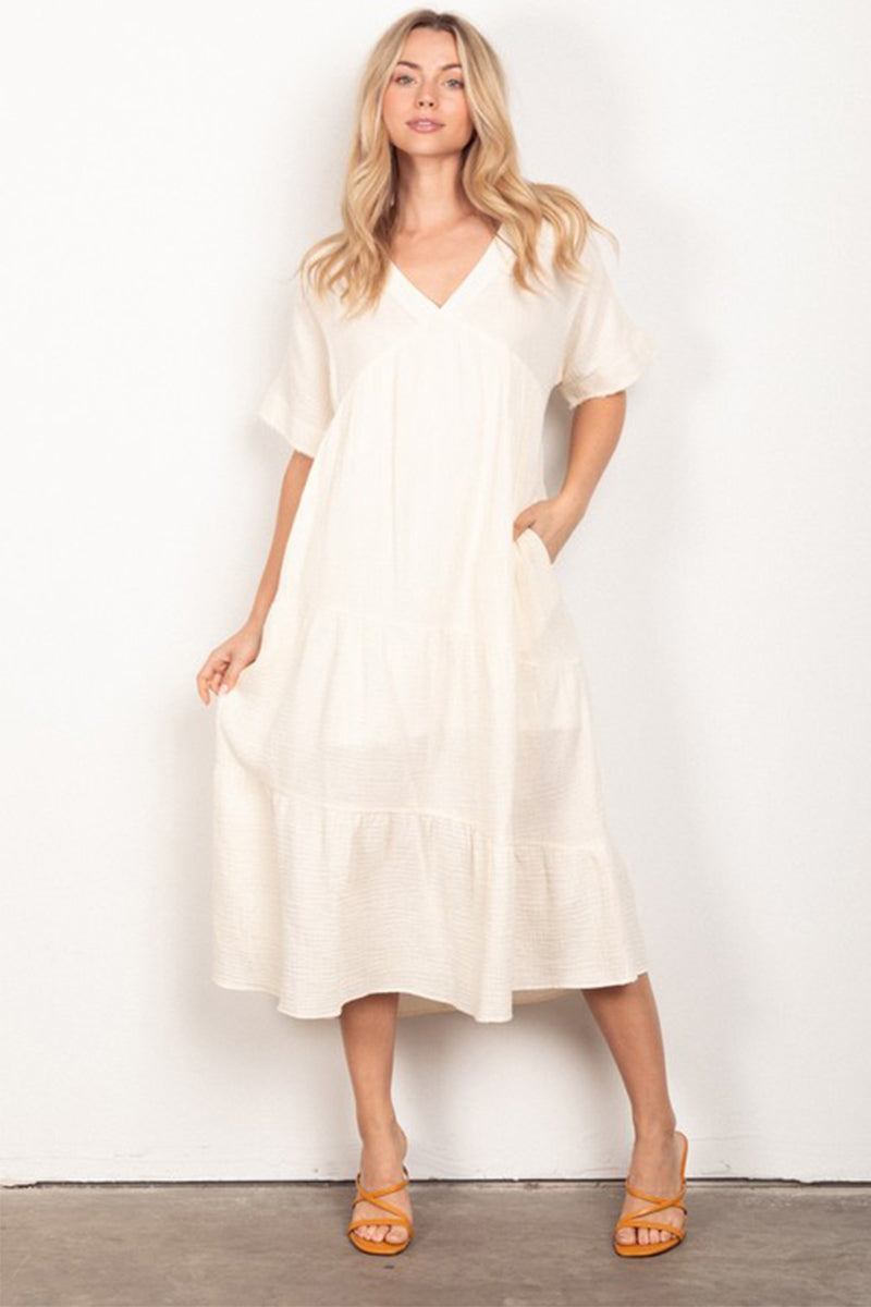 Frayed Detail Soft Crinkle Gauze Midi Dress