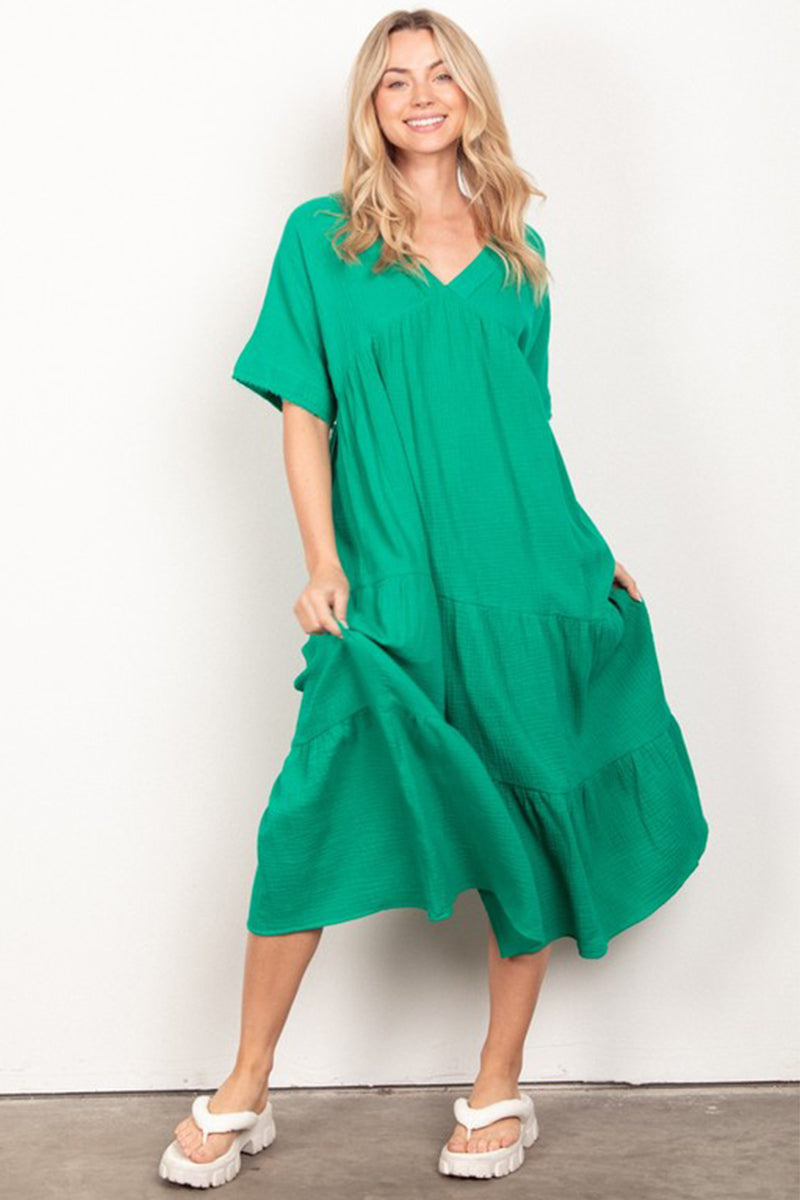 Frayed Detail Soft Crinkle Gauze Midi Dress