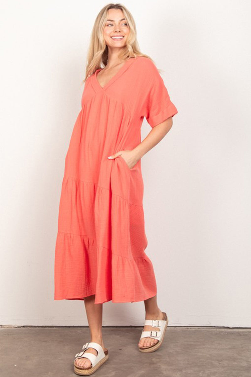 Frayed Detail Soft Crinkle Gauze Midi Dress