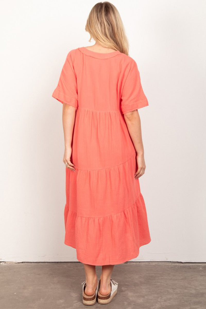 Frayed Detail Soft Crinkle Gauze Midi Dress